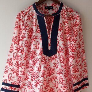 'French Curve' Size L Long Sleeve Tunic Coral design NWOT 100%Cotton